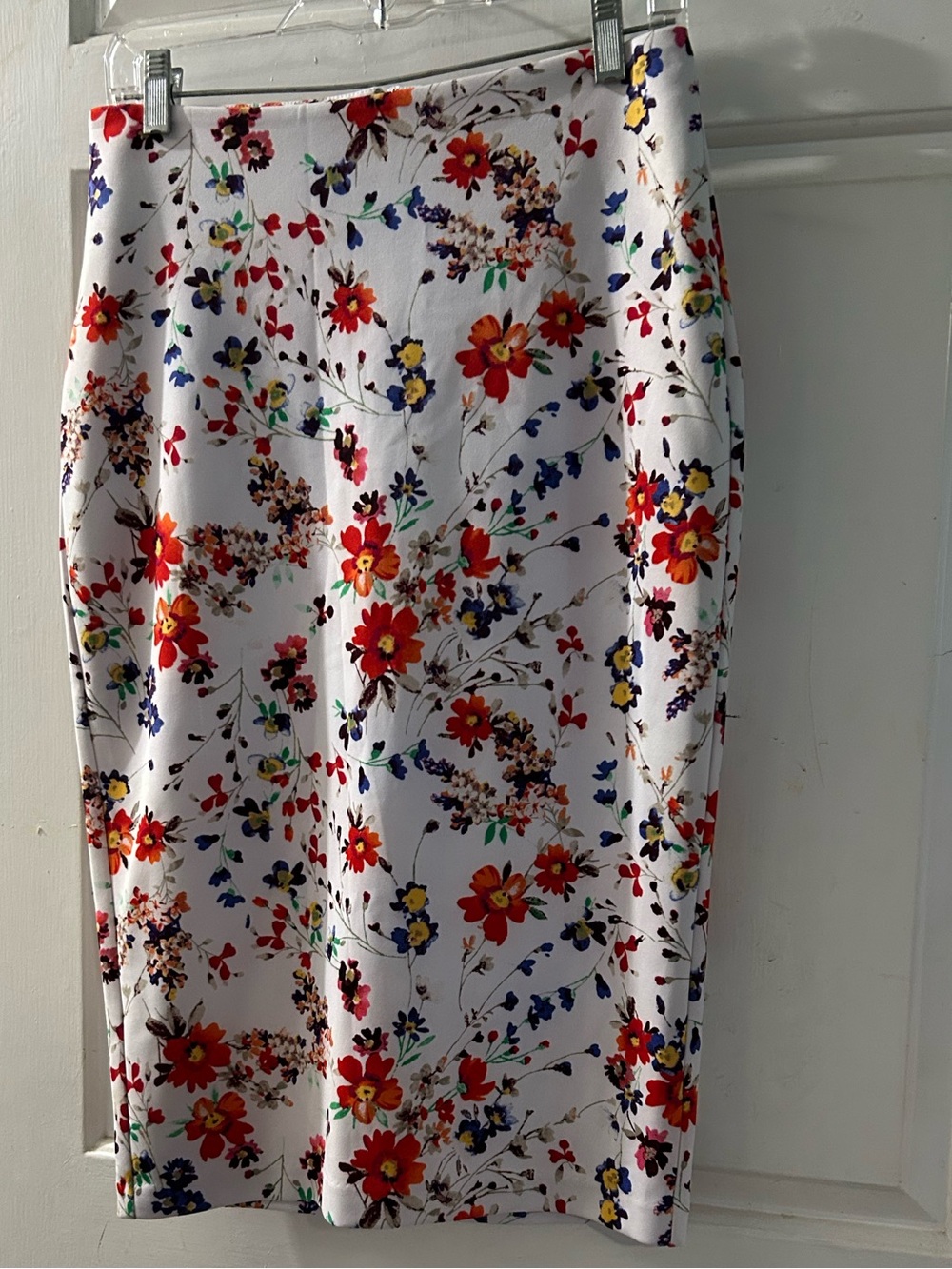 Floral Pencil Skirt in White with Red & Multicolor Blooms